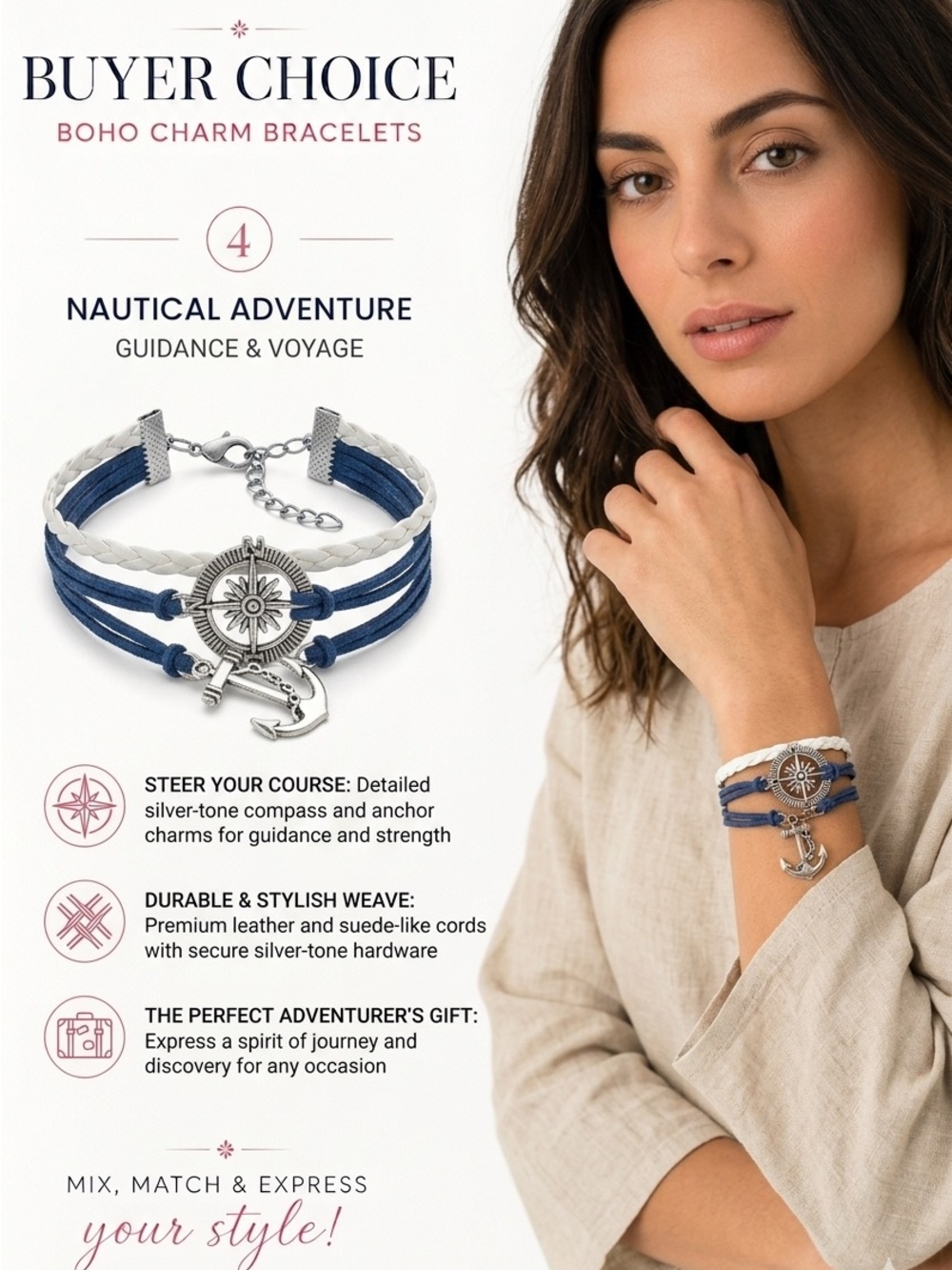 Boho Charm Bracelet: Buyer Pick— Blue, White, Brown, Silver, Crystal - Picture 5 of 7